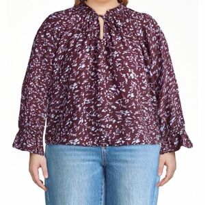 Time and Tru XXXL Ruffle Neck with Long Sleeves Burgundy Wine Floral Blouse